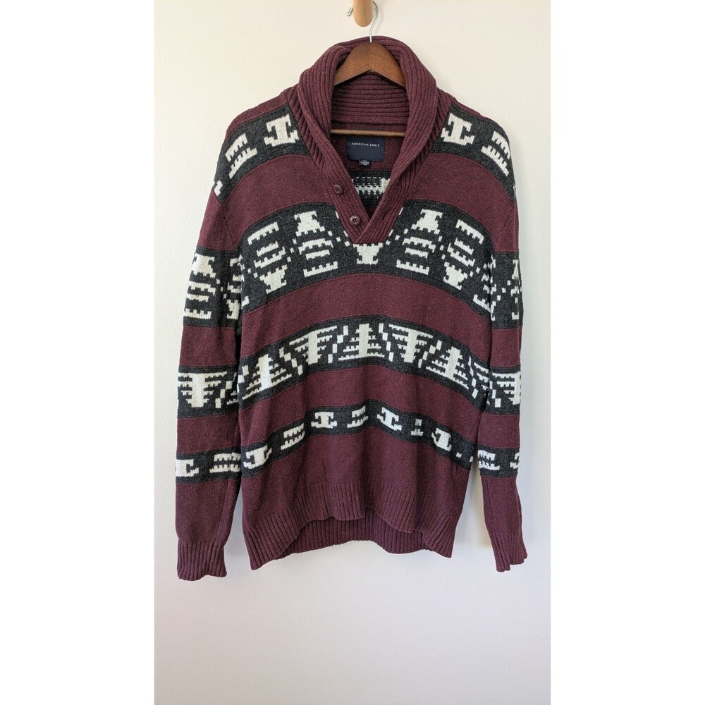 American Eagle Mens Sweater L Southwestern Shawl Collar Henley Aztec Burgundy